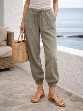 C&C California Olive 100% Linen Elastic Waist Drawstring Sun Washed Pant Resort